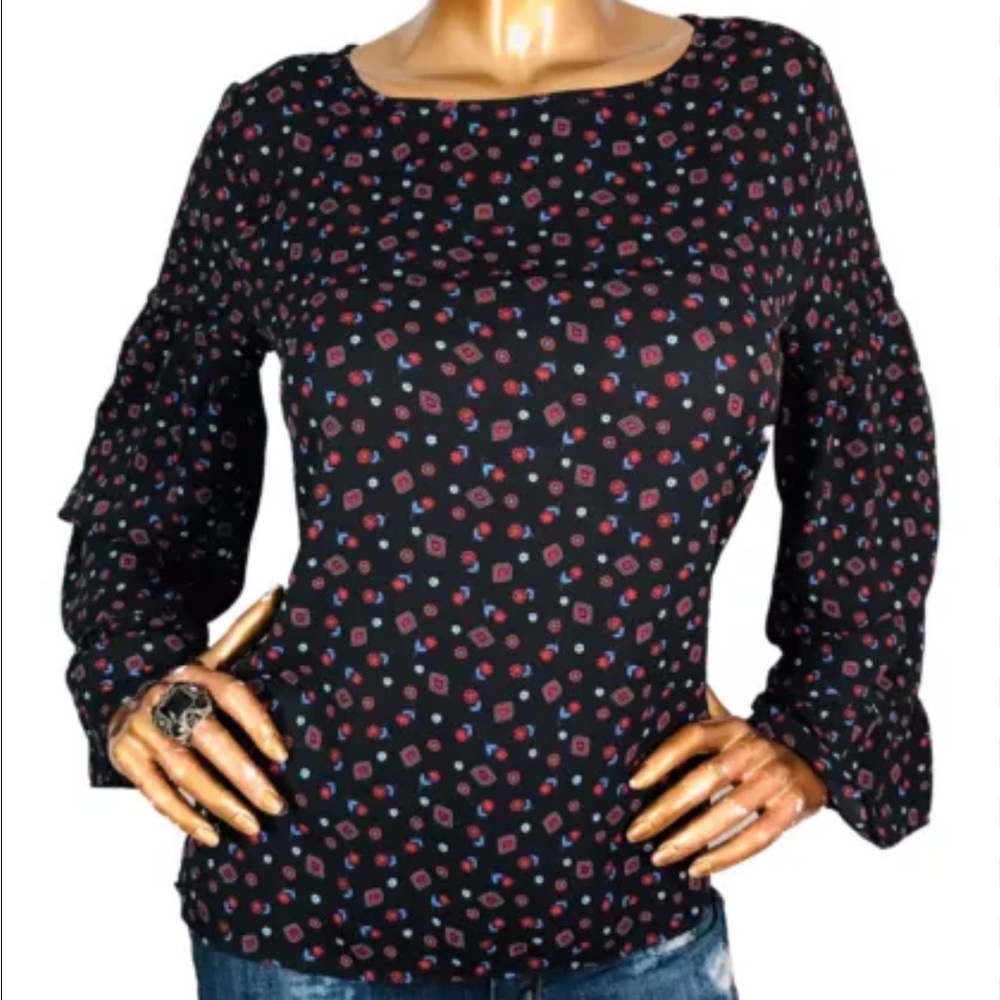 LOFT Women's M Black Geometric Print Bell Sleeve Blouse Casual